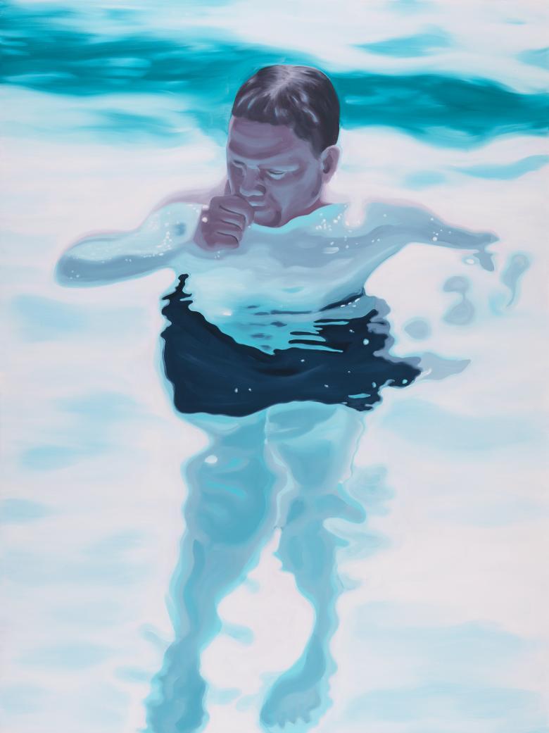 A portrait of a figure floating in water. He is submerged from his neck down, and everything except his head is slightly distorted by the water.