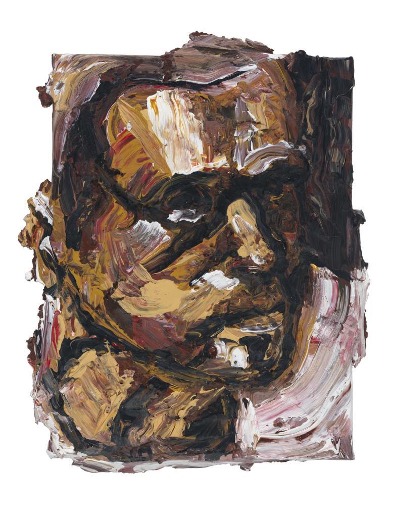 A close-up impasto portrait of a face. 