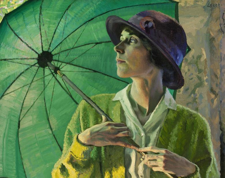 Oil painting in shades of green and purple of a woman with a green umbrella.