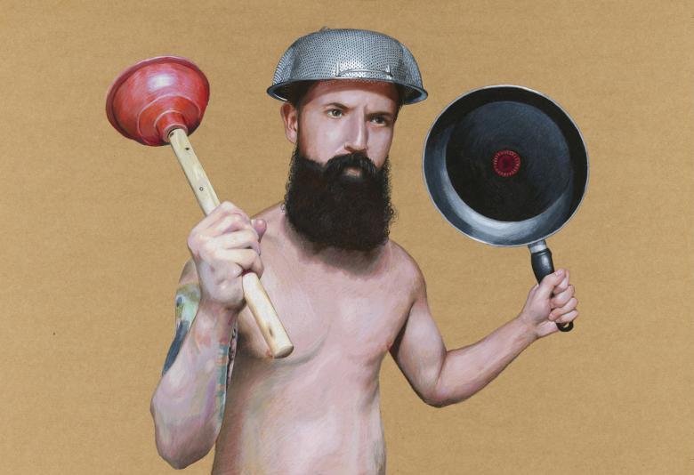 A man with a thick black beard holds aloft a toilet plunger and a frying pan. On his head he wears a colander. He is unclothed, and has a large tatoo on his right arm.