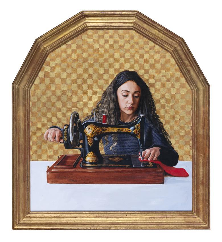 Within a glit frame, and in front of a golden checkered background, a dark haired woman works on an ornate black and gold old-fashioned sewing machine. She looks down at what she is working on, which is in a red material. 