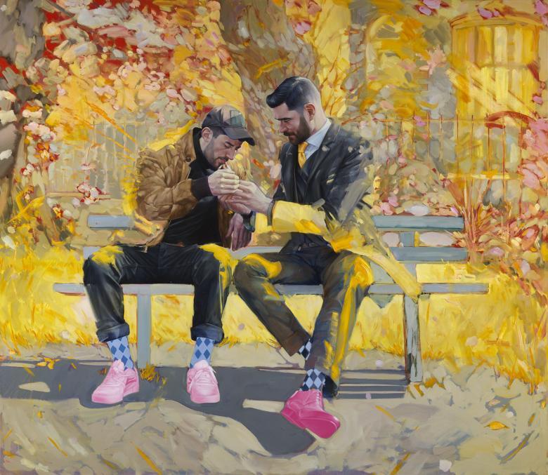 Two figures sit on a park bench. One, dressed in a suit, is lighting the cigarette of the other, dressed in a leather jacket and a baseball cap. Behind them, a riot of yellow, orange and pink, which is picked up in paint strokes on them.