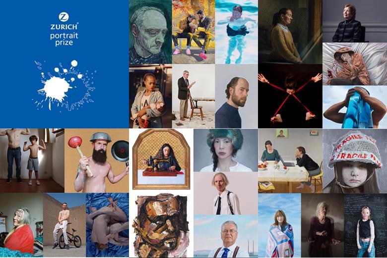 A collage of 26 portraits entered into the Zurich Portrait Prize 2019 with the Zurich Portrait Prize logo at top left in a blue square.
