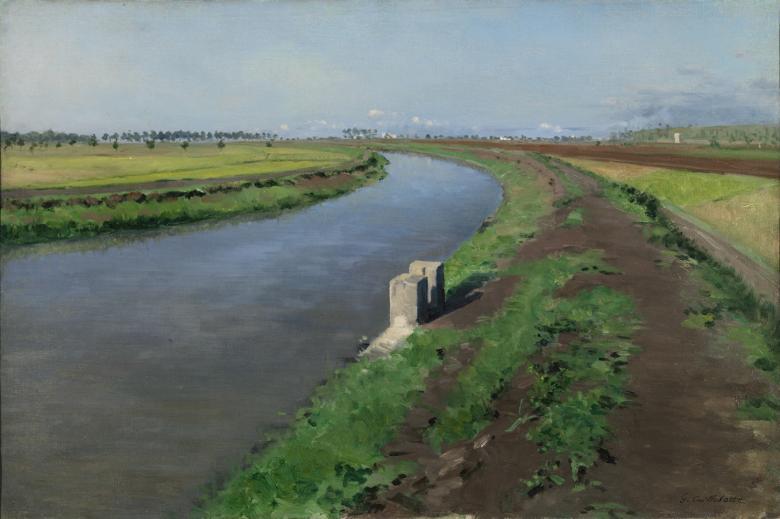 Oil painting of a canal sweeping into the distance, with a muddy tow path and hazy buildings on the horizon.