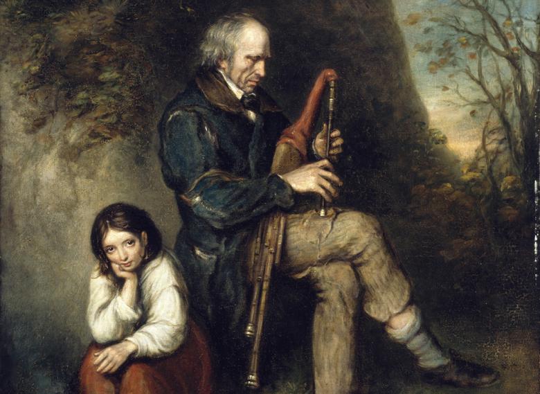 An oil painting of an elderly man seated and playing the uileann pipes, with a young child sitting on the ground beside him.