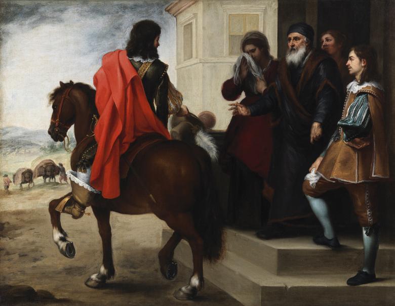 Oil painting of group of people watching man depart on horseback