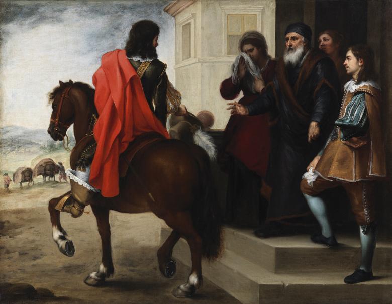 Oil painting of group of people watching man depart on horseback