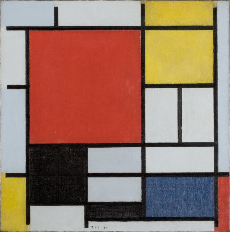 Abstract painting of a grid of grey, red, black, blue and yellow 