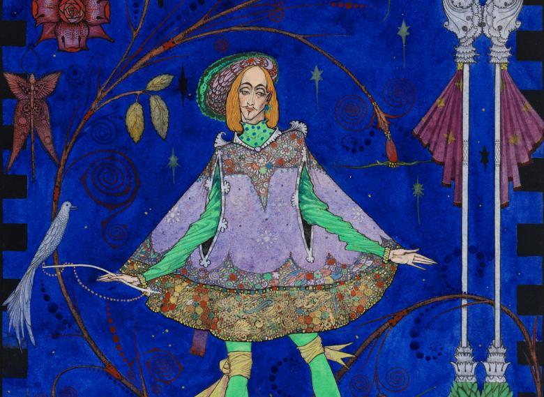 A young man in an intricate, colourful costume stands in front of a vibrant blue background with his hands outstretched.