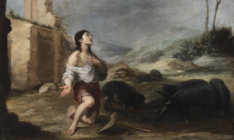 Oil painting showing the Prodigal Son kneeling with the swine, dressed in rags. He is looking aloft, and one hand is on his chest.
