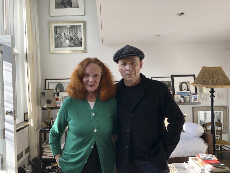 Grace Coddington and Perry Ogden, photographed at Coddington's home in New York. In the background we see lots of framed black and white photographs
