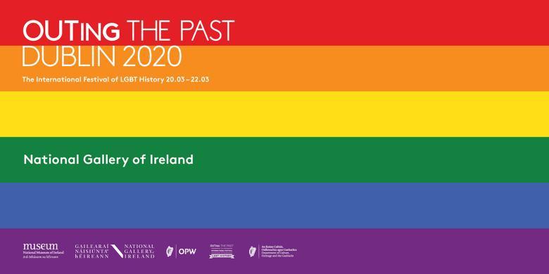 A rainbow flag with OUTing the Past, Dublin 2020 on it