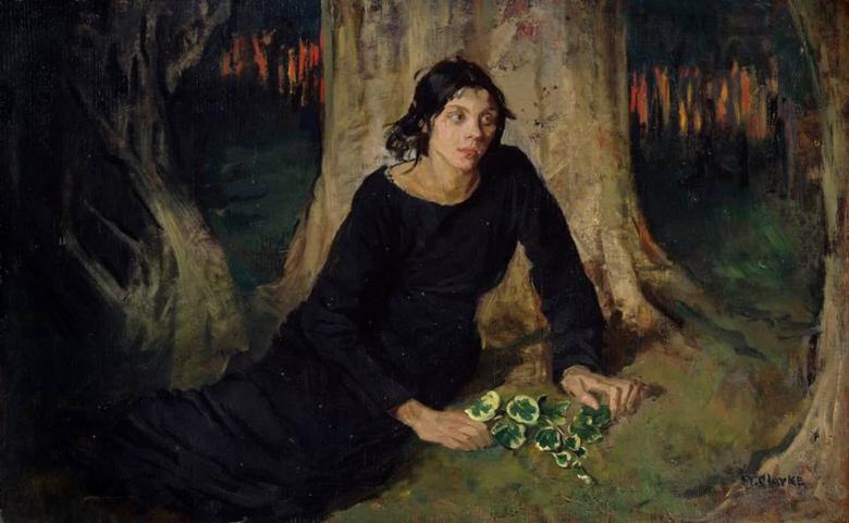 A woman in black lies at the foot of a tree, with flowers in her hand