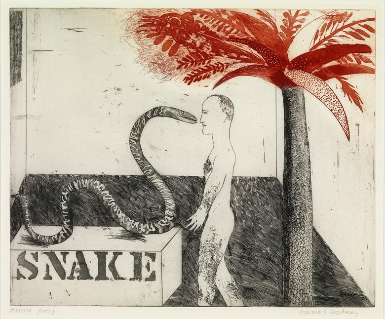An etching showing a snake, a. man, and a red palm tree
