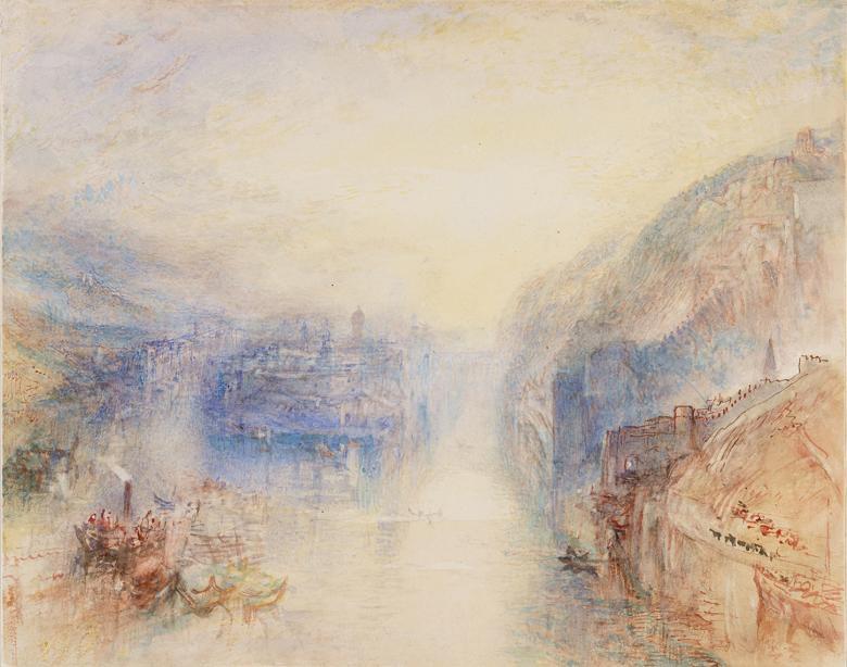 A light-filled watercolour showing mountains, rivers, and sky