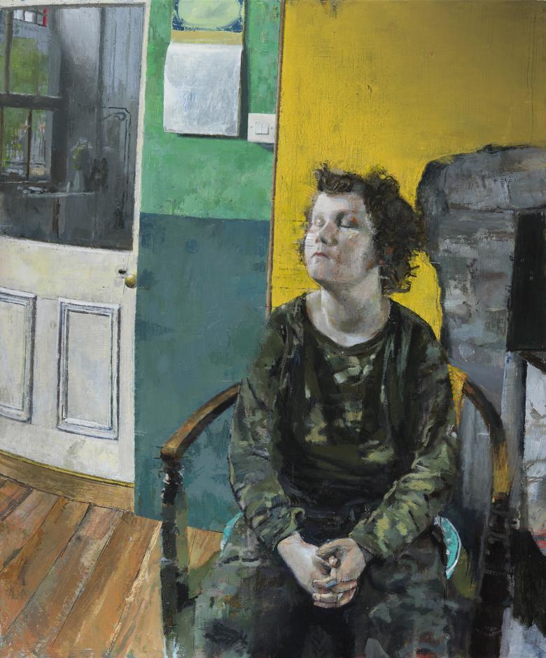 An oil painting showing a young boy sitting in a chair with hands clasped in his lap