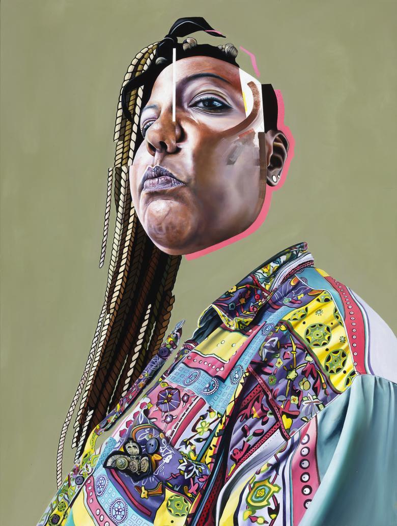 An oil painting of a woman. She is wearing a blue, yellow, white and pink patterned shirt. The artist has removed her neck, so her head is floating above her torso, outlined in bright pink.