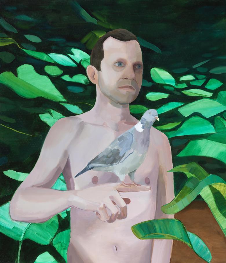 A half length oil portrait of a man, naked, with a pigeon perched on his outstretched finger. Behind him, deep green foliage. 