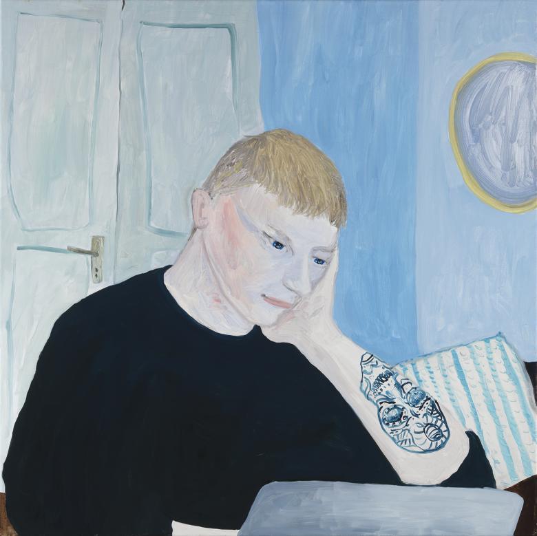 An oil painting of a young man at work on a laptop. He is wearing black, and his head rests in his hand. His sleeve is rolled up and we see a tattoo on his forearm