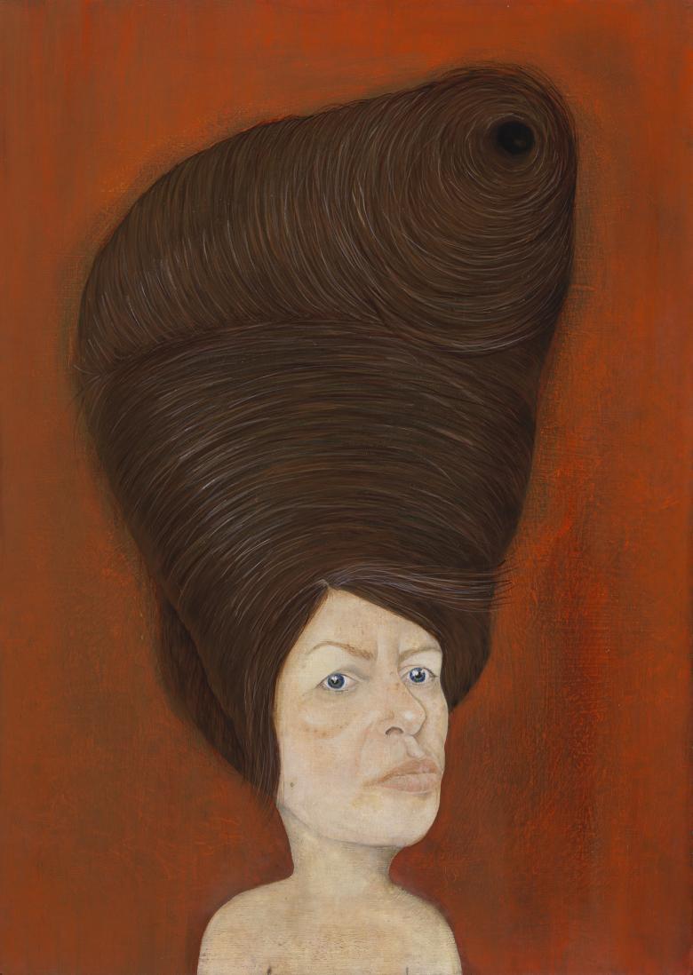 An oil portrait of a woman. She is set against a vibrant red background. She looks directly at the viewer, and her hair is in an enormous beehive style piled on top of her head. 