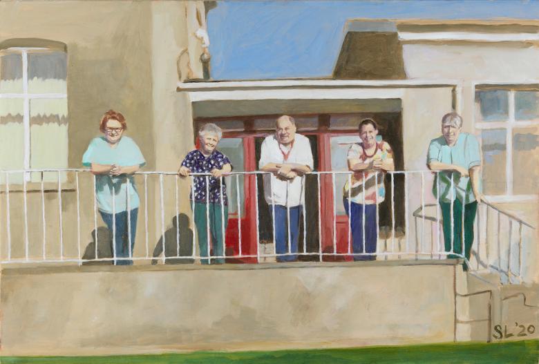 Five figures stand in front of a building, leaning on railings. There is a space between each of them, and their shadows fall behind them.