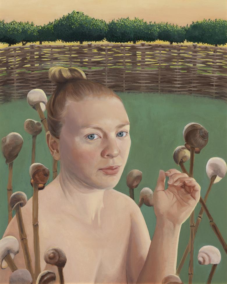A woman crouches among snail shells, displayed on sticks. In the background, trees and a woven fence.