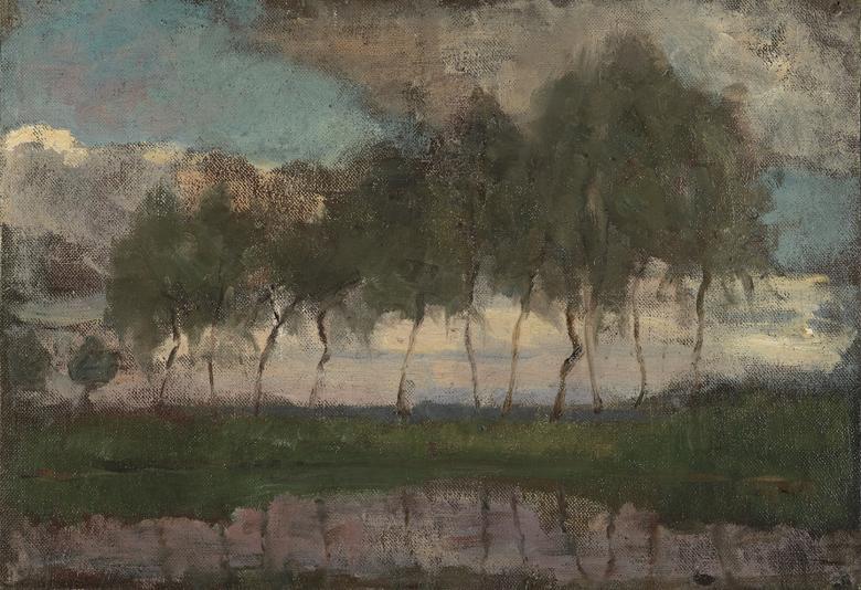 Trees line the waterfront, reflected in the water below. The sky is cloudy and blue, the colours are sombre and atmospheric