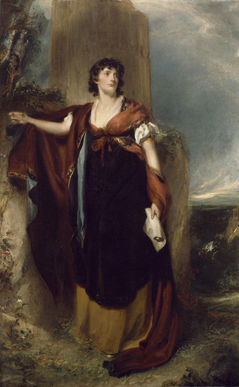 A full length portrait. The subject stands against a ruined column with one arm outstretched in a declamatory pose, dressed in in quasi-antique costume.