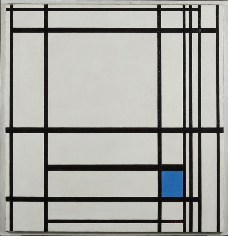A composition with black lines on white, and one blue-filled square