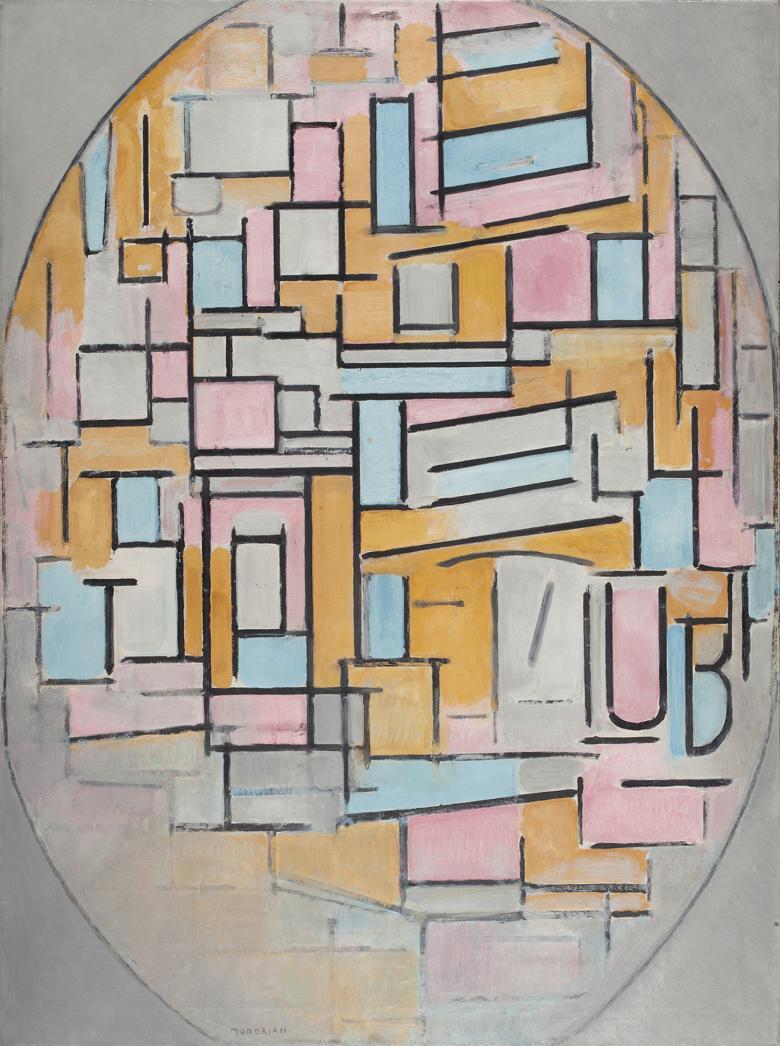 An oval composition with shapes in grey, blue, pink and orange contained within.
