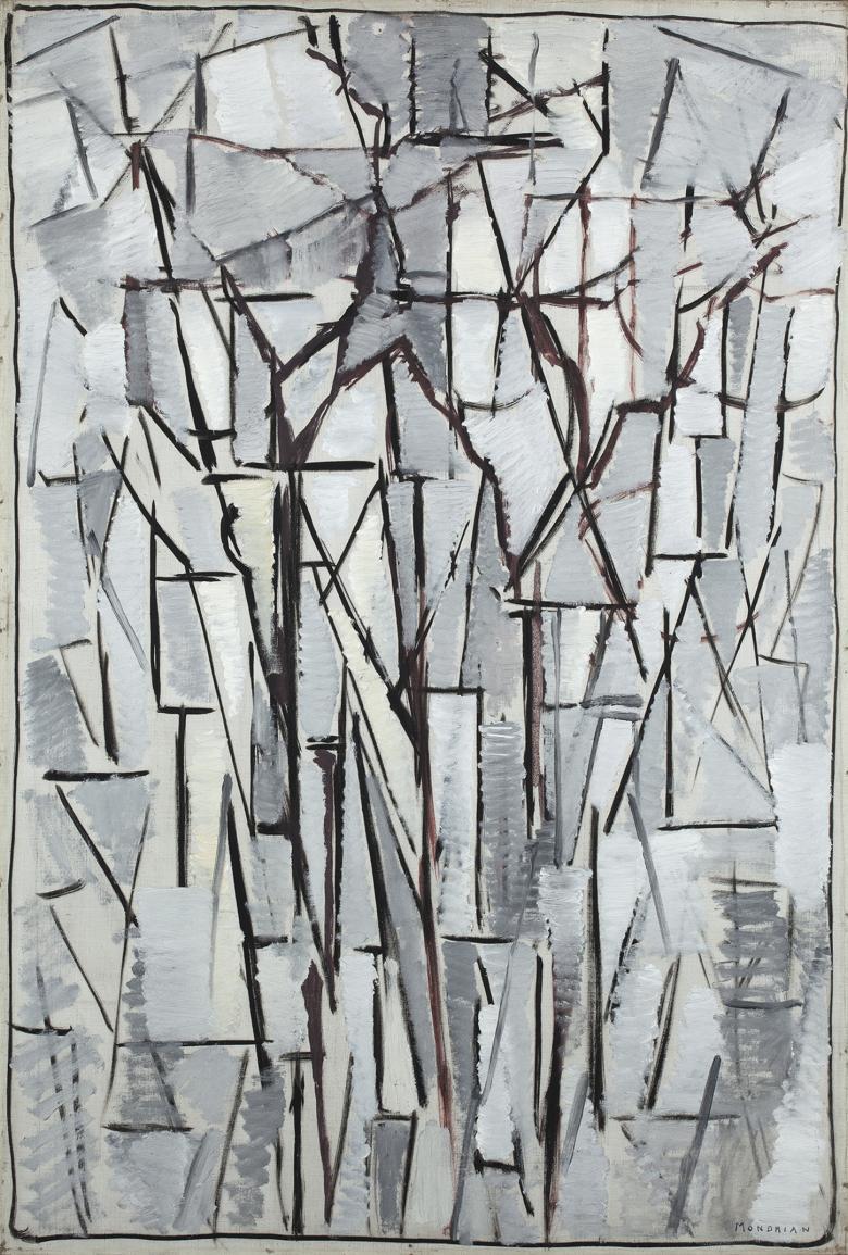An abstract composition in tones of grey, white and black.