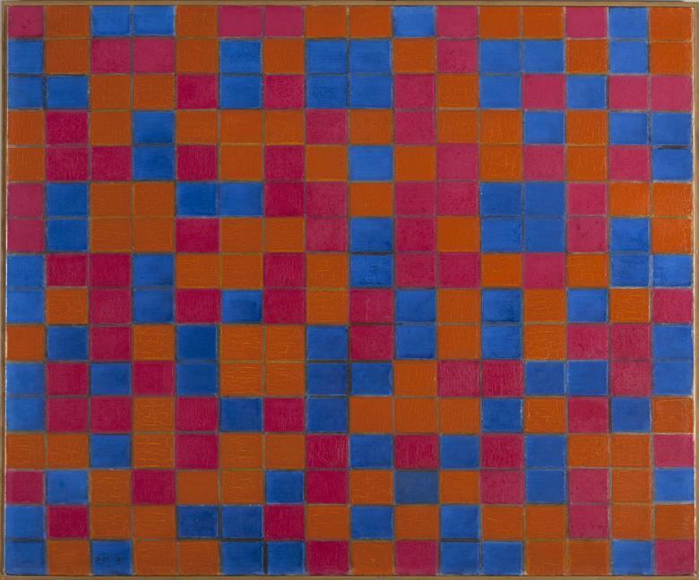 A checkerboard composition with oranges, pinks and blues