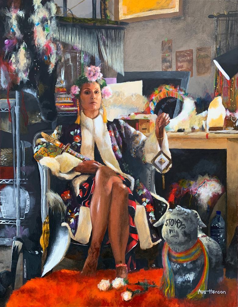 Portrait of woman seated in her studio surrounded by objects and materials