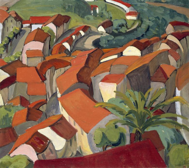 A view from above of red and orange rooftops in a green landscape