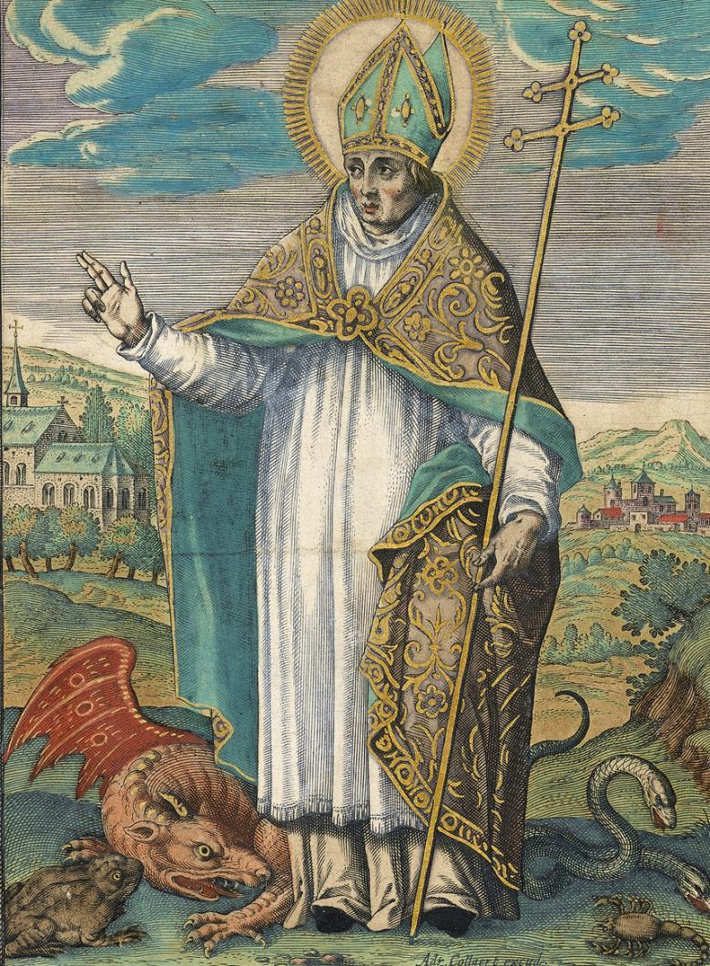Colourful print of Saint Patrick standing in a landscape with a dragon, toad and snakes at his feet