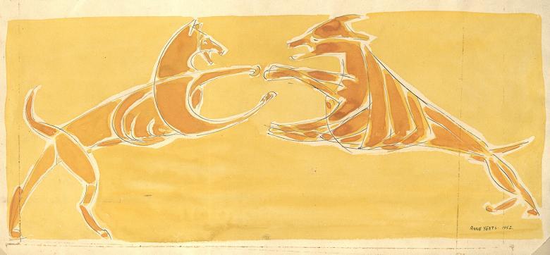 Sketch of two greyhounds jumping at each other with front paws touching