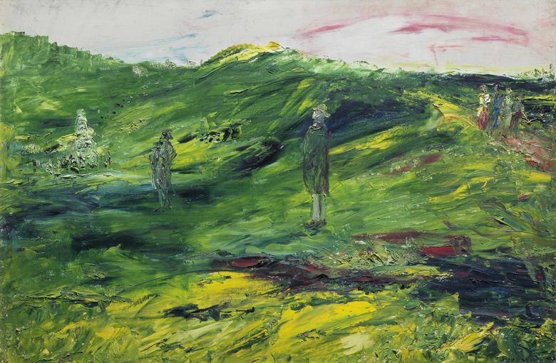An expressionistic painting of figures in landscape. 