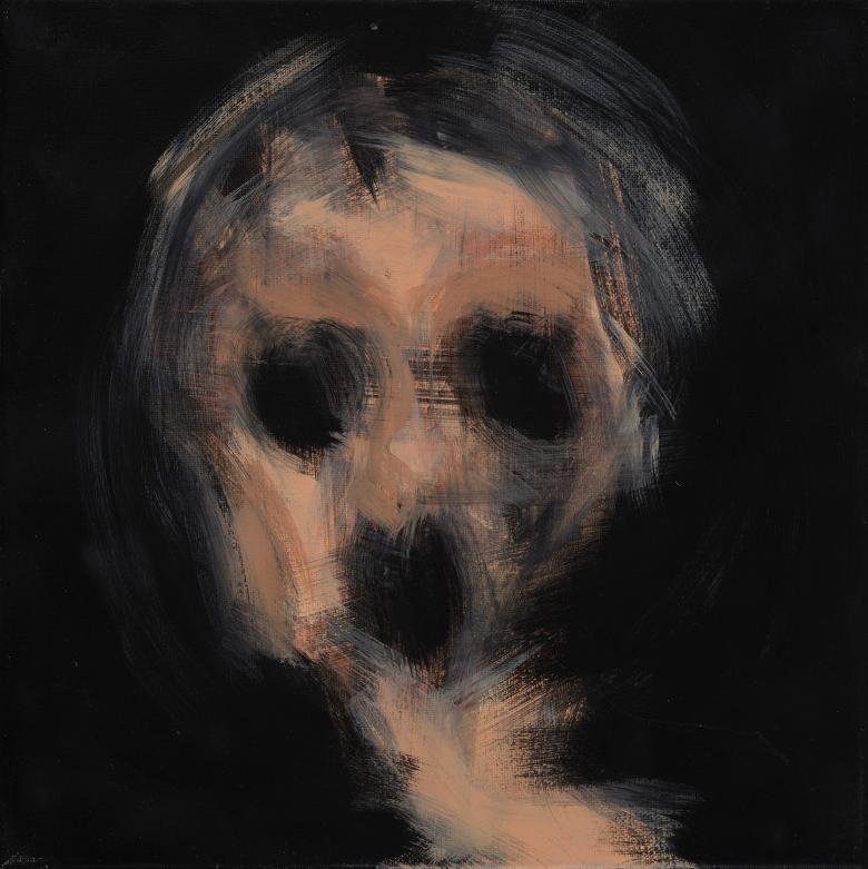 Semi-abstract painted portrait of a head with dark openings where eyes and mouth would be