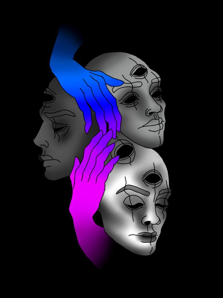 Three mask-like faces clustered against a black background, with a pink hand and blue hand reaching to touch finger tips between the faces.