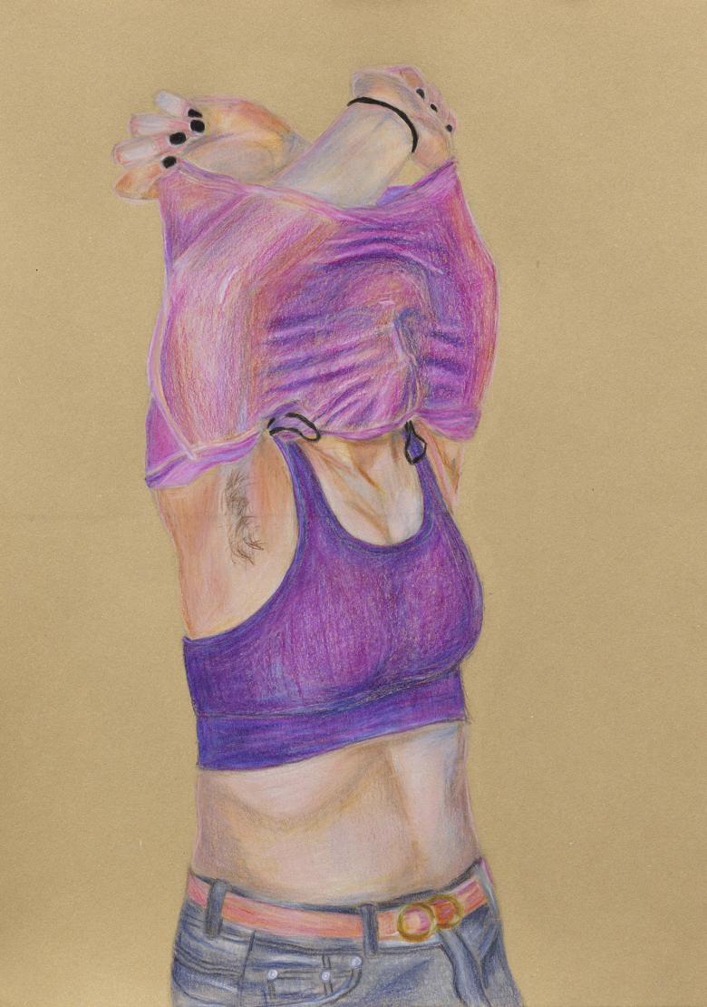 Coloured sketch of a person pulling a purple t-shirt over their head. They're wearing a cropped purple sports top underneath.