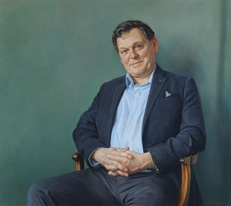Painted portrait of a seated man wearing a navy suit