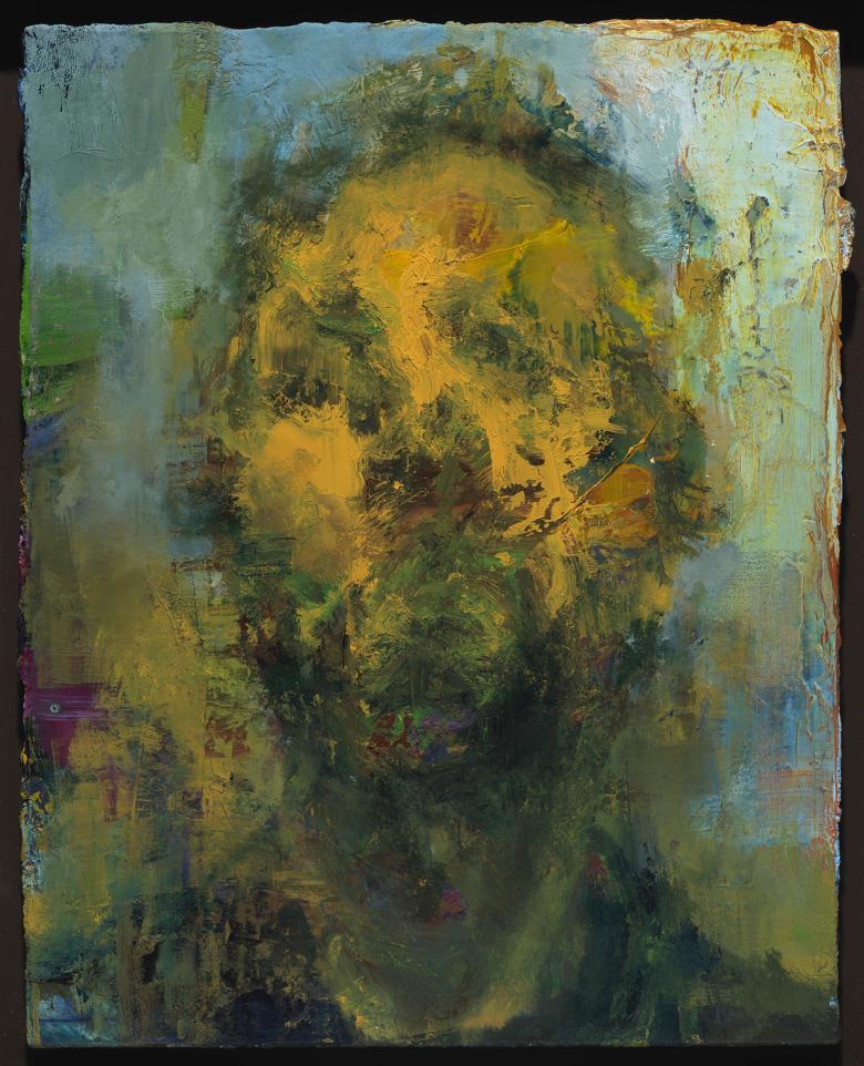 Expressionistic painted portrait of a man's head in yellows, blues and greens
