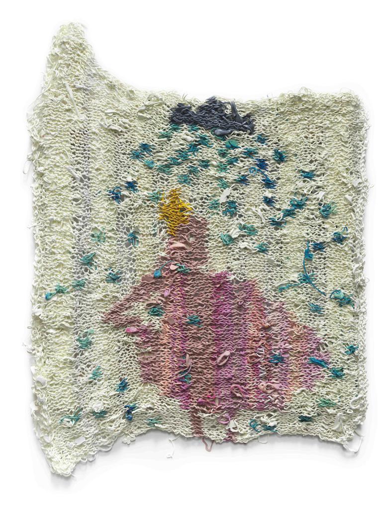 Textile knitted from acrylic paint with stylised pattern of a person standing beneath a shower head with water droplets falling