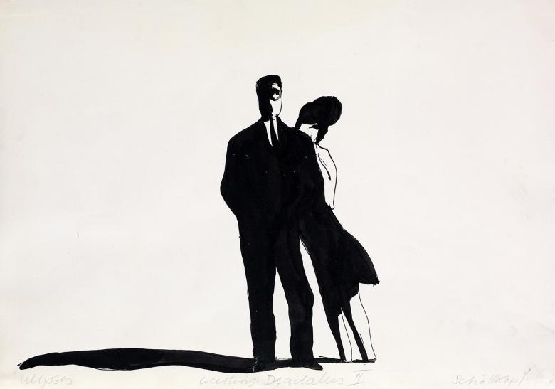 A black and white ink drawing. A man in a suit stands facing the viewer, a woman leans against him, half hidden. Their shadows are cast on the ground.
