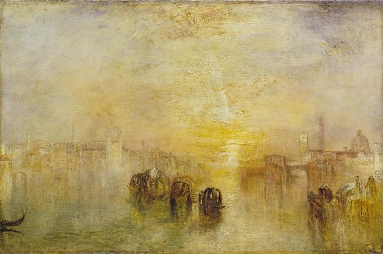 An atmospheric painting of boats on water with city buildings in the distance.