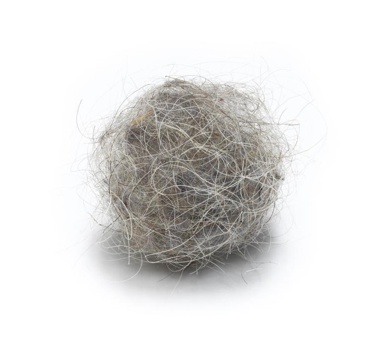 A spherical sculpture made from the artist’s hair, dust & detritus
