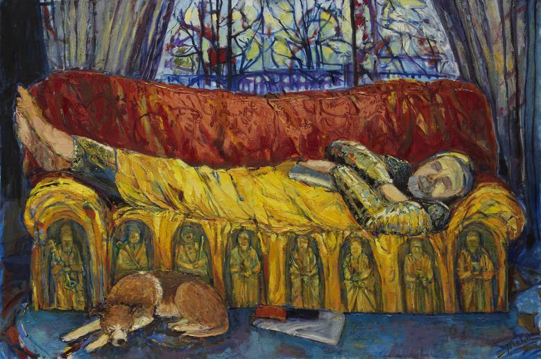 Painted portrait of man lying on red and yellow sofa with dog on floor and stained glass window in background