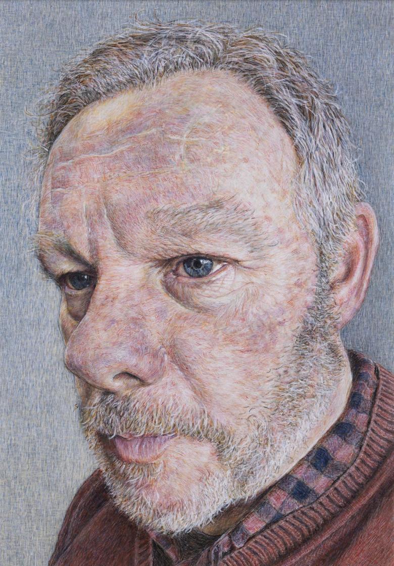Detailed close-up painted portrait a man's face with grey hair and short beard and wearing a red jumper and checked shirt