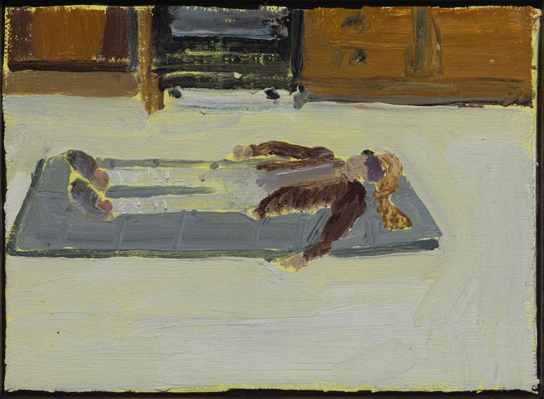 Stylised painting of a person lying on a grey mat in the floor with kitchen cabinets in background