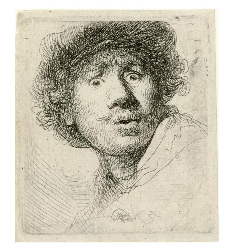 Etched self portrait of a man with curly hair, wearing a cap, with a surprised expression on his face